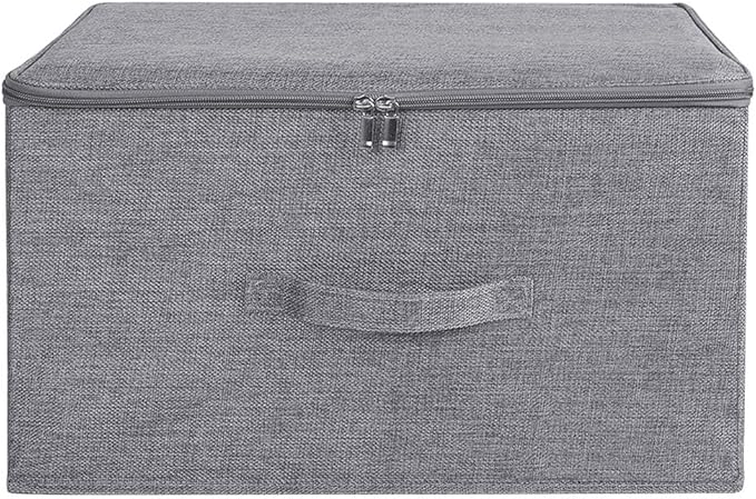 ANMINY 3PCS Storage Bins with Zipper Lids 36 Qt Lidded Fabric Storage Boxes Baskets Cubes with Handles Collapsible Washable Cotton Linen Closet Shelf Clothes Organizer Containers - Gray, Large