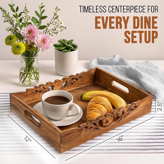 Mela Artisans Orchid Design Wooden Decorative Tray with Handles | 16x12x2.5 Mango Wood Ottoman Tray | for Kitchen Countertop | Coffee Table | Snacks | Desserts | Breads | Bedroom Decor