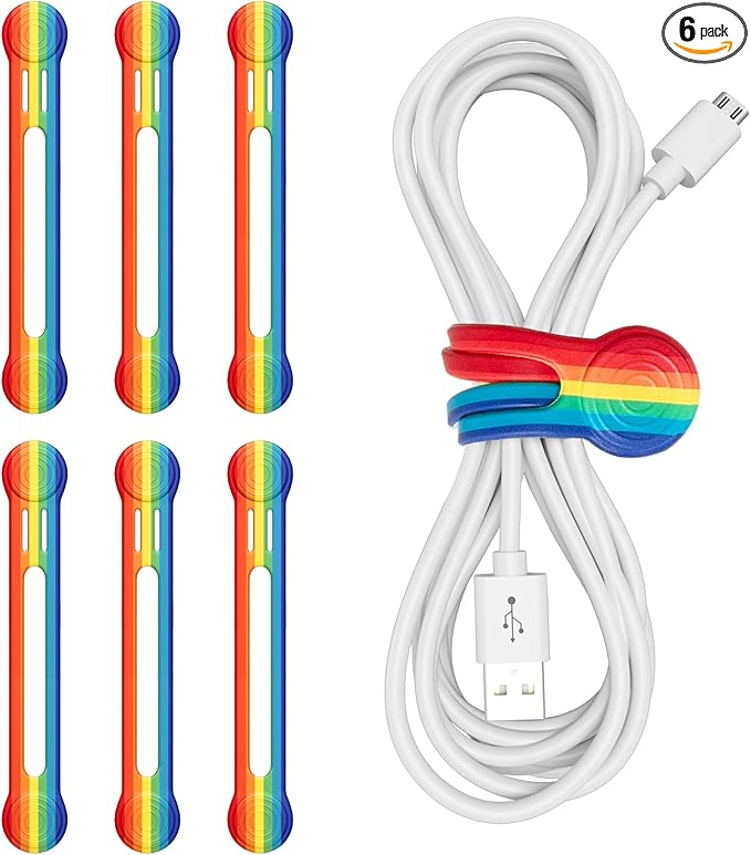 6 Packs Magnetic Cable Clips,Long Silicone Cable Straps, Reusable Cable Straps Wire Organizer,Rainbow Cable Management,Cord Organizer for Home Office Desk PC Accessories