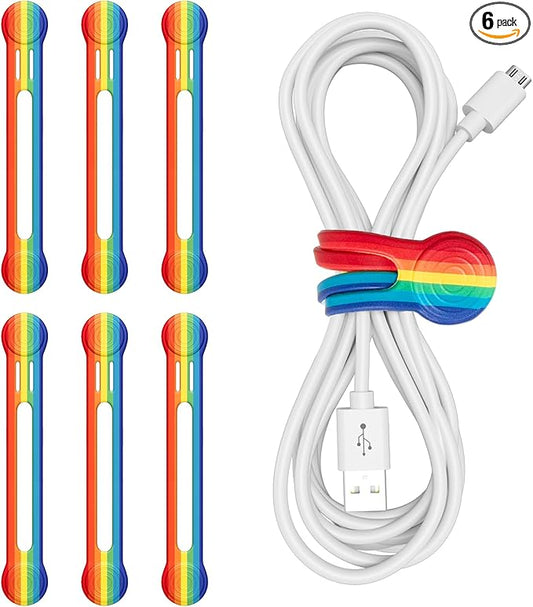 6 Packs Magnetic Cable Clips,Long Silicone Cable Straps, Reusable Cable Straps Wire Organizer,Rainbow Cable Management,Cord Organizer for Home Office Desk PC Accessories