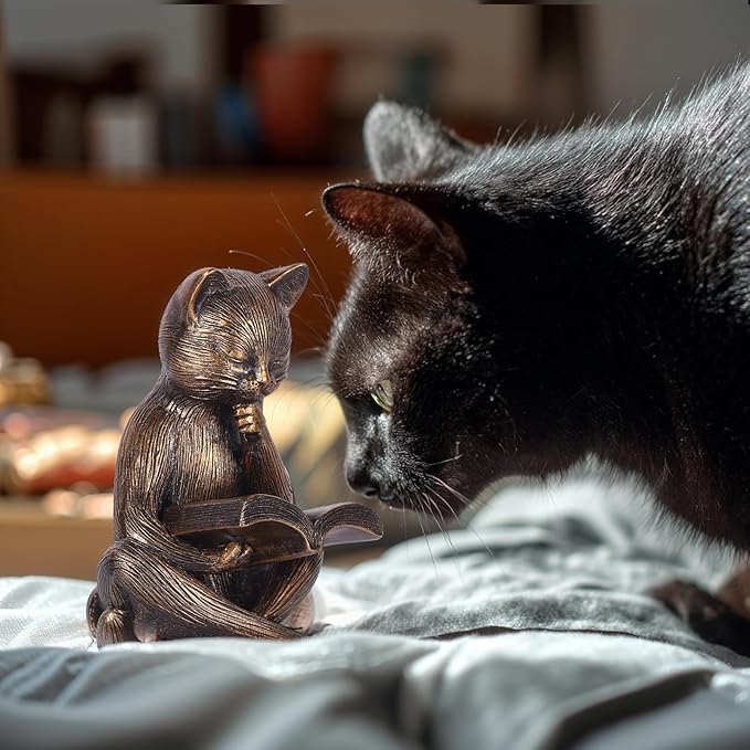 6.4 Inch Resin Reading Cat Figurine - Cute Animal Sculpture for Desk, Office, Bookshelf or Table Decor - Meditation Statue, Bronze Cat Lover Gift, Relaxing Book Theme Accent, Decorative Pet Ornament