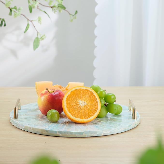 PEMAR Mother of Pearl Decorative Tray, 13" Round Display and Serving Tray with Gold Handles, Vanity/Perfume/Trinket Catchall for Dresser, Bathroom, Vanity Table (Teal Sunlight Starburst Pattern)