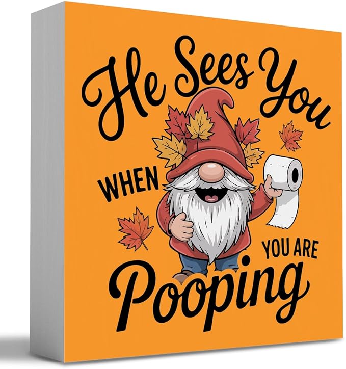 HTBIG Funny Fall Wooden Box Bathroom Sign Decor He Sees You When You Pooping Bathroom Wooden Box Decor It In The 5 x 5 Inch