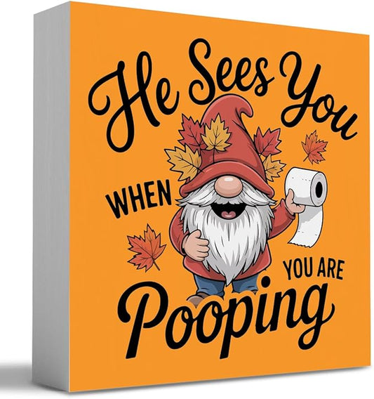 HTBIG Funny Fall Wooden Box Bathroom Sign Decor He Sees You When You Pooping Bathroom Wooden Box Decor It In The 5 x 5 Inch