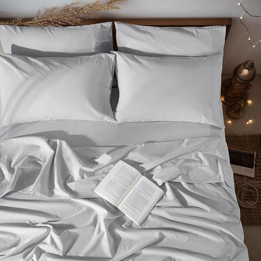LBRO2M 100% Linen Sheet Set Queen Size, Bed Sheets 6 Piece Sets,Solid Color Natural Flax Bed Sheets Soft Breathable Bedding,16" Deep Pocket,All Season (Queen, Grey)