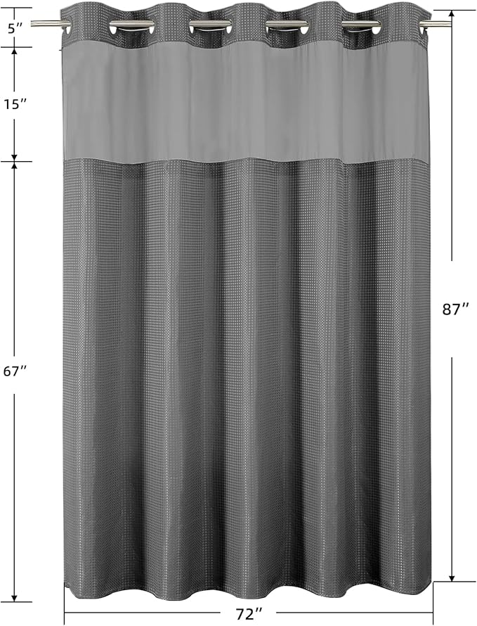 Colorful Star No Hook Shower Curtain with Snap in Fabric Liner, Waffle Heavy Duty Thick Shower Curtains with Mesh Top Window, Hotel Style Waterproof Bathroom Curtain Set, 72'' x 87'', Charcoal Grey