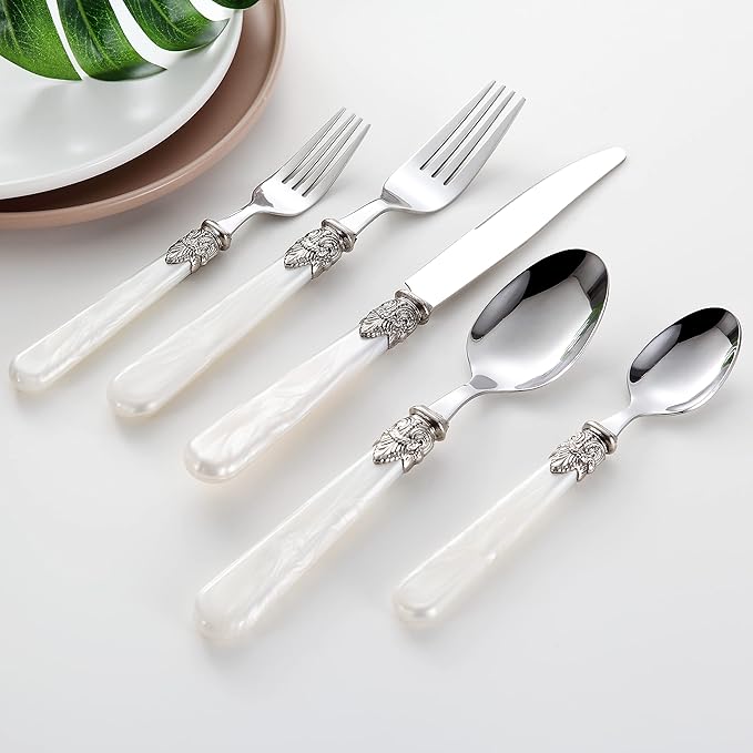 REVERIE Collection 18/10 Stainless Steel Vintage Flatware set,Sliverware set,Dishwasher safe (30, Pearl White)