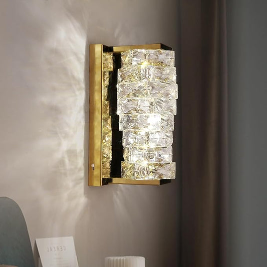 HuisMier Gold Crystal Wall Sconce, Modern Dimmable LED Sconces Wall Lighting, Luxury Vanity Light Fixture Bathroom Wall Sconces for Living Room Bedside Hallway Stairway