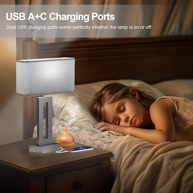 Bedroom Table Lamps Set of 2 - Grey Touch Bedside Lamps with USB C+A, 3 Way Dimmable Gold Lamp for Nightstand, Modern Night Stands Lamps for Living Room End Tables