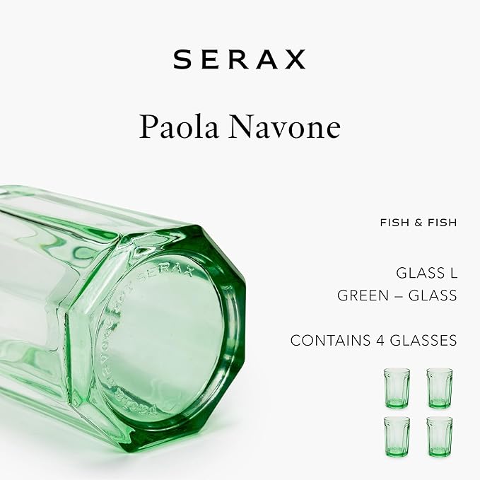 Serax Drinking Glasses Set of 4 | Fish & Fish glassware by Paola Navone | 13.5 FL oz Clear Green Water Glass Cups without Lids | Home Essentials, Kitchen Set | Suitable for Beer, Juice, Coffee