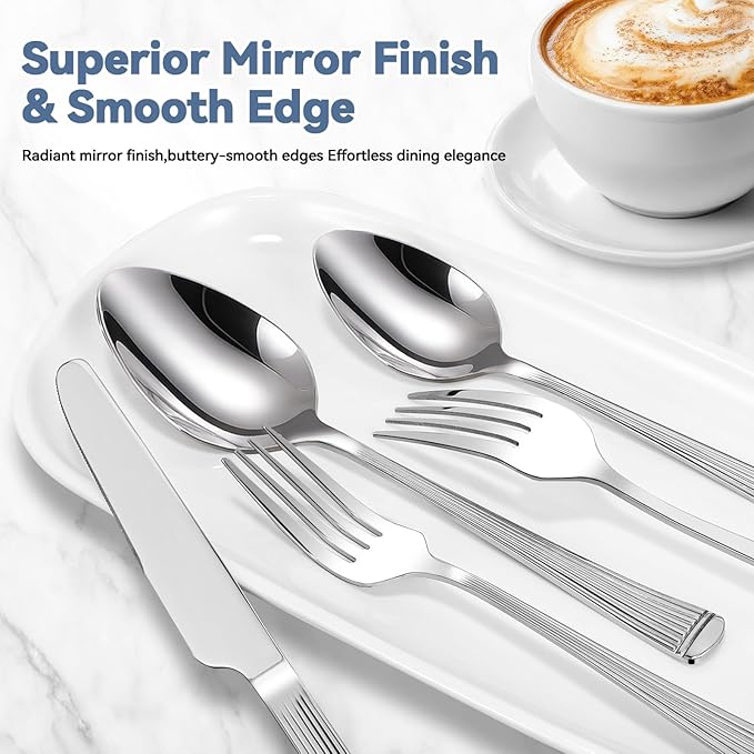 Yoehka 60-Piece Hammered Silverware Set for 12, Stainless Steel Flatware Set with Roman Column Handles, Mirror Polished Cutlery/Utensils Set for Home, Restaurant, Hotel, Dishwasher safe
