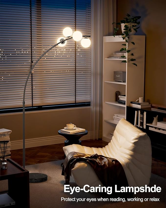 Lightdot Black Arc Floor Lamp for Living Room, 4 Globe Floor Lamp with Shatterproof Shade& Mable Base, Mid Century Modern Tall Standing Lamp for Bedroom/Home Office(Bulbs Included)