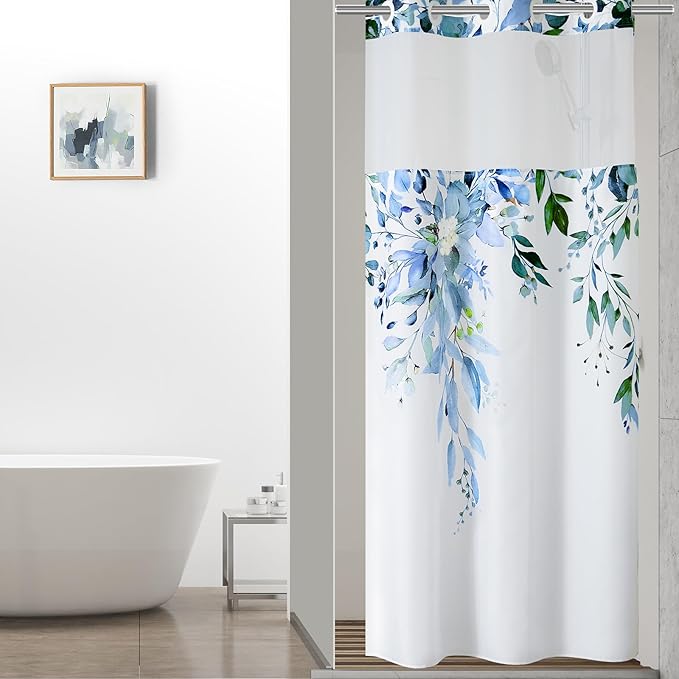 QiyI No Hook Shower Curtain with Snap in Fabric Liner, Blue Eucalyptus Shower Curtain with See Through Top Window, Waterproof Washable Cloth Ringless Shower Curtain Set for Bathroom, 36 x 75