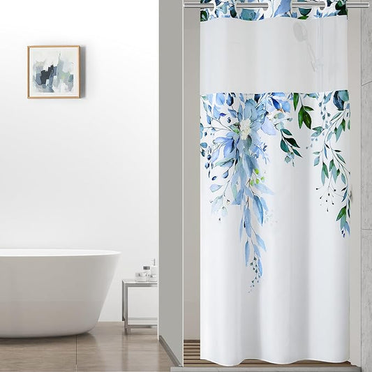 QiyI No Hook Shower Curtain with Snap in Fabric Liner, Blue Eucalyptus Shower Curtain with See Through Top Window, Waterproof Washable Cloth Ringless Shower Curtain Set for Bathroom, 36 x 75