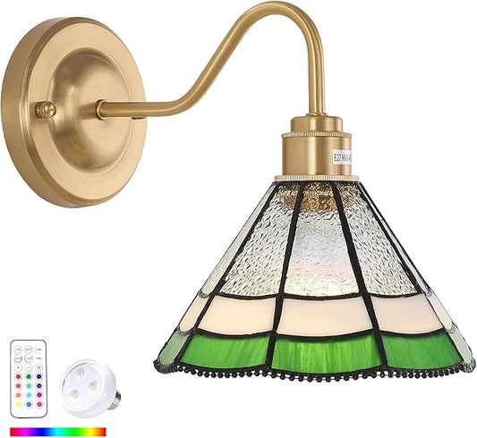 Vintage Battery Operated Wall Sconce with Remote, RGB LED Wall Lamp 12 Colors Dimmable, Brass Wall Lights Fixture for Bedroom Bathroom Living Room Hallway Green Multilayer Petal