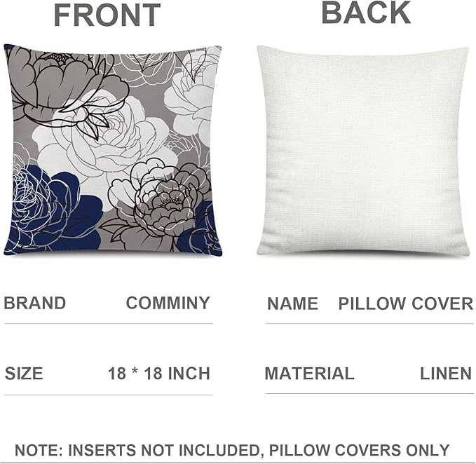 COMMINY Blue Grey Pillow Covers 18x18 Set of 6 Decorative Daisy Flower Throw Pillow Cover for Couch Modern Pillow Case for Patio Living Room Cushion Bed Farmhouse Home Decor