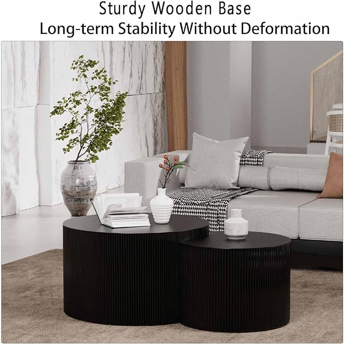 Modern Round Nesting Coffee Table Set of 2, Vertical Stripe Design Drum Coffee Table Cocktail Table, Round Side Table for Living Room, Bedroom, Office, Balcony (C19.69+27.56")