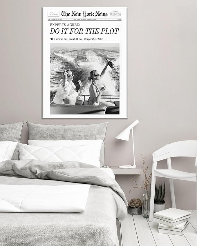 Aesthetic Trendy Newspaper Wall Art 16x20 Vintage Do It For The Plot Magazine Canvas Prints Decor Waterproof Funny Retro Black and White Wall Art for Apartment Bathroom Bedroom Decor Ready To Hang