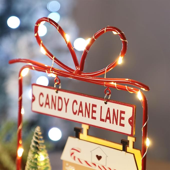 Christmas Tabletop Decoration, Wooden Lighted Decorations, Battery Operated Christmas Indoor Table Decorations (Candy Cane Lane & Giftbox)