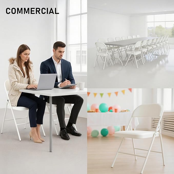 SEALAMB 6 Pack White Folding Chairs with Padded Seats & Cushion, Durable Metal Foldable Chairs for Wedding Party, Commercial Chairs for Office School Church Events, 330lb Capacity (White-PU, 6 Pack)