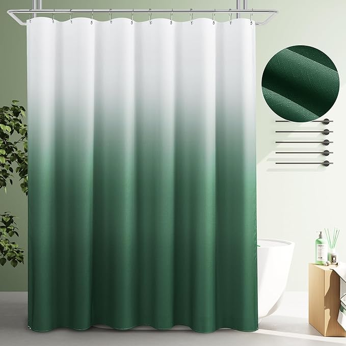 Emerald Green Ombre Shower Curtain, Green and White Ombre Linen Textured Bath Decor Textured Fabric Shower Curtain for Bathroom, Hotel Quality, 72x72