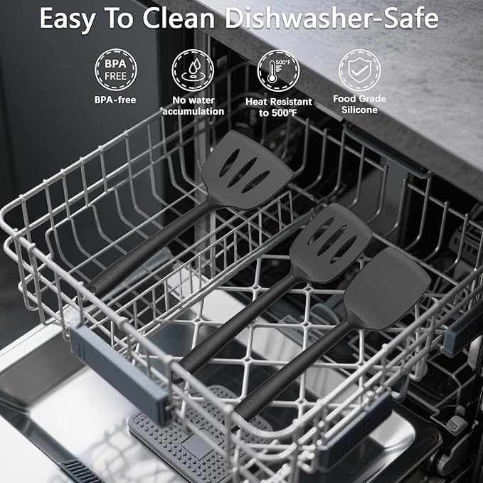 Coukre Silicone Kitchen Cooking Utensils Set with Holder – Heat-Resistant, Food-Grade Kitchen Tools, Spatula, Spoon & Gadgets for Non-Stick Pans, Dishwasher Safe (14, PureBlack)