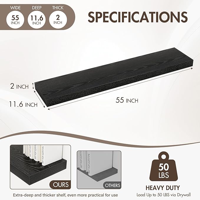 55 Inch Floating Shelves, 12" Deep Floating Shelf Wall Mounted, 55" Wall Shelves, Rustic Deep Bookshelf, Extra Deeper & Thicker Display Shelves for Bedroom, Living Room, Black, Set of 2