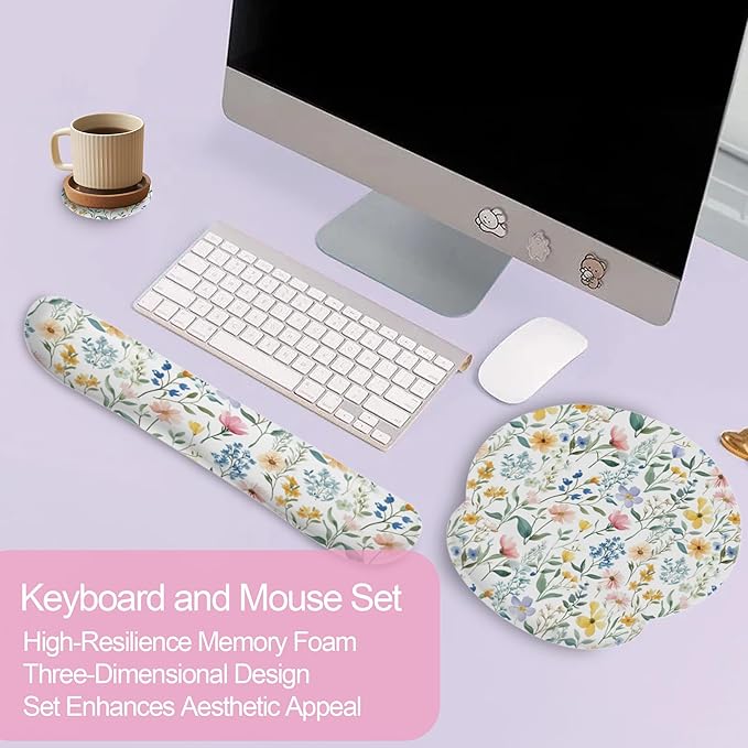 Wildflowers Leaves Mouse Pad with Wrist Rest and Keyboard Wrist Rest Set, Spring Colorful Flowers Non-Slip Rubber Base Memory Foam Mouse Pad Set for Women, Office Desk Accessories, Gaming