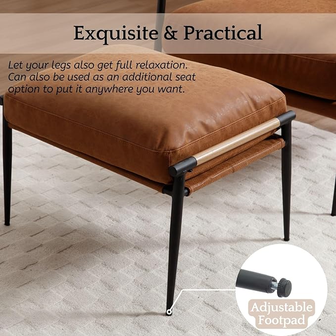 LukeAlon Upholstered PU Leather Footstool, Modern Ottoman Footrest Small Shoe Stool with Black Metal Legs Mid Century Vanity Stool with Armrests for Living Room Entrance Cushion Removable, Brown