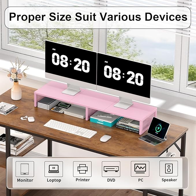 Dual Computer Monitor Stand Riser, Desk Organizers and Accessories, Printer & TV Stand, Desk Shelf, Office Desk Accessories & Desktop Workspace Organizer for Office Supplies, Pink