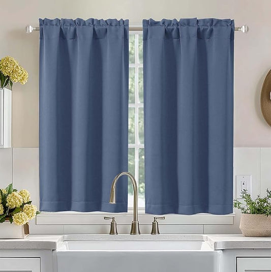 Aiyufeng Denim Blue Short Blackout Curtains for Bedroom 45 Inches Long 2 Panels Set, Solid Thermal Insulated, Energy Saving Window Treatment Curtains Blackout Drapes, W40 x L45 Inch, Denim Blue