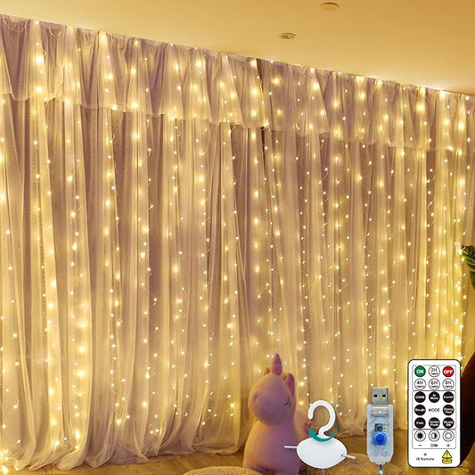 Warm White Curtain Light for Bedroom, 300 LED 9.8ft x 9.8ft Window Fairy Curtain String Light with 16 Hooks, 8 Models Remote Control for Wedding Party Home Garden Indoor Decorations