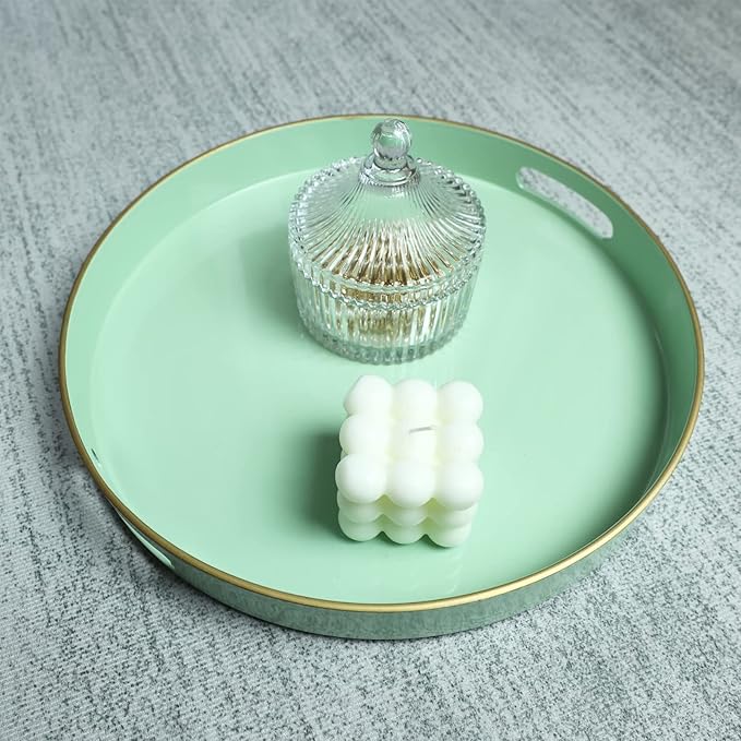 Spsyrine Round Green Plastic Decorative Tray, 13'' Modern Tray with Handles, Marble Pattern, for Breakfast, Coffee Table, Bathroom, Kitchen, Living Room