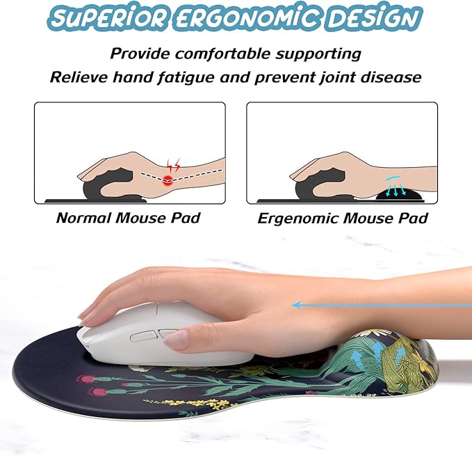 Hsurbtra Ergonomic Mouse Pad with Wrist Rest Support, Gel Mouse Pads with Non-Slip PU Base, Pain Relief Memory Foam Computer Mat, Cute Office Supplies Desk Decro Accessories, Black Flower