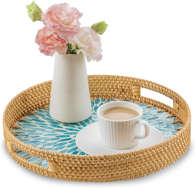 13.8 in Round Rattan Serving Tray with Handle, Mother of Pearl Inlay Wooden Base, Decorative Wicker for Table, Kitchen Island & Home Decor (Blue Leaf)