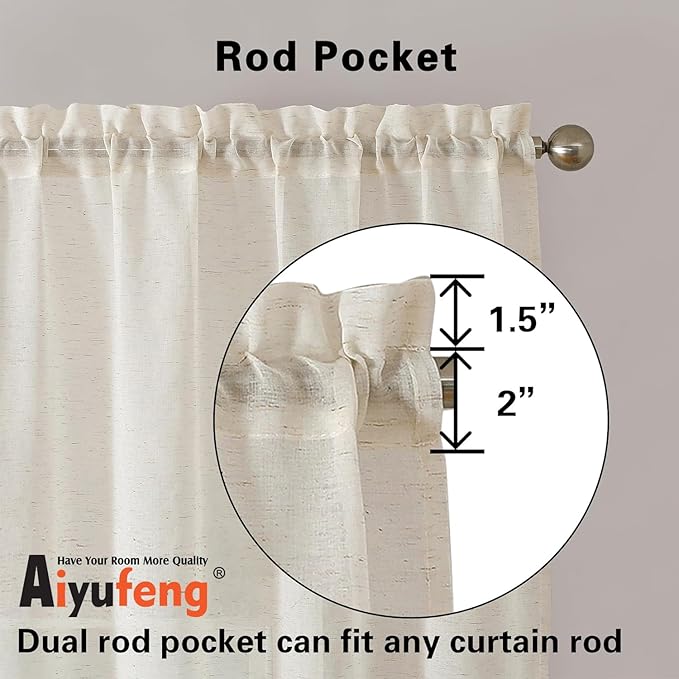 Aiyufeng Linen Sheer Curtains 63 Inch Length 2 Panels for Living Room, Farmhouse Light Filtering Voile Linen Drapes for Bedroom, Patio, Sliding Door, Each 40" W x 63" L