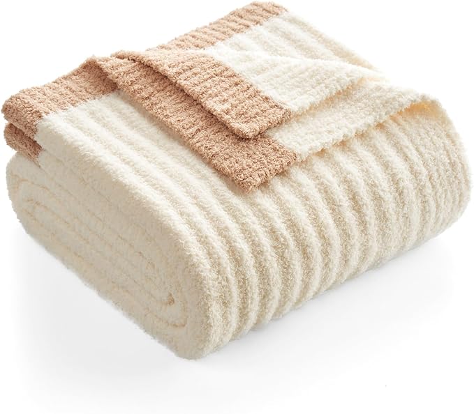 Snuggle Sac Buttery Soft Throw Blanket for Couch, Luxurious Fluffy Cozy Knit Ribbed Throws Dupes for All Season, Reversible Warm Microfiber Blankets for Couch, Sofa, Travel, Cream, 50x60 inches