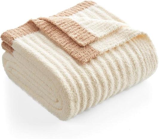 Snuggle Sac Buttery Soft Throw Blanket for Couch, Luxurious Fluffy Cozy Knit Ribbed Throws Dupes for All Season, Reversible Warm Microfiber Blankets for Couch, Sofa, Travel, Cream, 50x60 inches