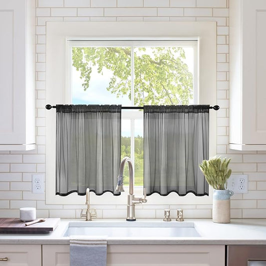 MIULEE 2 Panels Kitchen Tiers Half Window Sheer Halloween Curtains-Rod Pocket Voile Drapes for Kitchen Bathroom-Small Windows 29 by 24 Inch Black