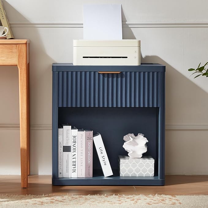 LEYAOYAO Fluted Farmhouse Nightstand Set of 2 with Charging Station, 23" Wide 1 Drawers End Table,Blue Dresser for Bedroom,Bed Side Table Chest of Drawers Cabinet,Wood Night Stand for Living Room