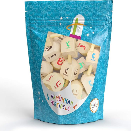 The Dreidel Company Hanukkah Dreidel 24 Extra Large 3" Inch Wooden Dreidels Hand Painted - Includes Game Instruction Cards (24-Pack XL Dreidels)
