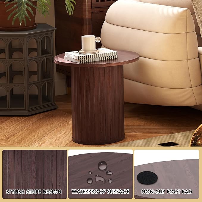 Round Wood Fluted End Table, 15.7“ Circle Farmhouse Side Table Sets for Living Room, Bedroom, Balcony, Small Spaces, Walnut