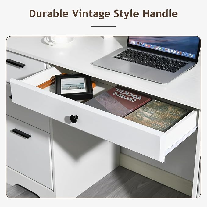 White Desk with 6 Drawers, 58 Inch Executive Desk with Hutch, White Wood Computer Desk with Storage for Bedroom, Home Office Desk with File Cabinet