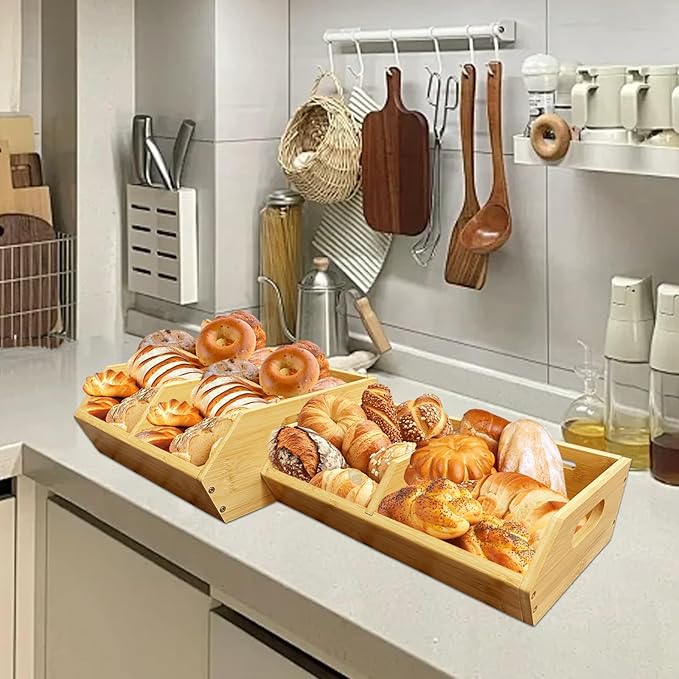 2-Pack Stackable Vegetable Storage Bins, Kitchen and Pantry Organizers and Storage Baskets, for Fruit, Vegetable, Produce, Bread, Potato Onion and Snacks, Bamboo Kitchen Storage Containers