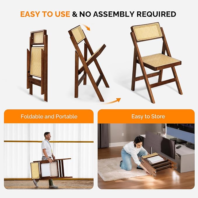 VINGLI 4 Pack Rattan Dining Chair, Wood Folding Chair with 360° Swivel Backrest, Rubberwood Frame and Rattan Woven Seat and Back, Walnut, Set of 4