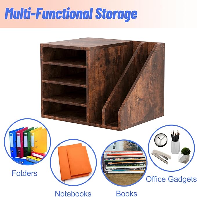 Wood Desk Organizer File Holder, Wooden Mail Organizer Countertop with Adjustable Compartments, Desktop File Organizer Paper Sorter for Home, Office and School, Envelope Organizer, Brown