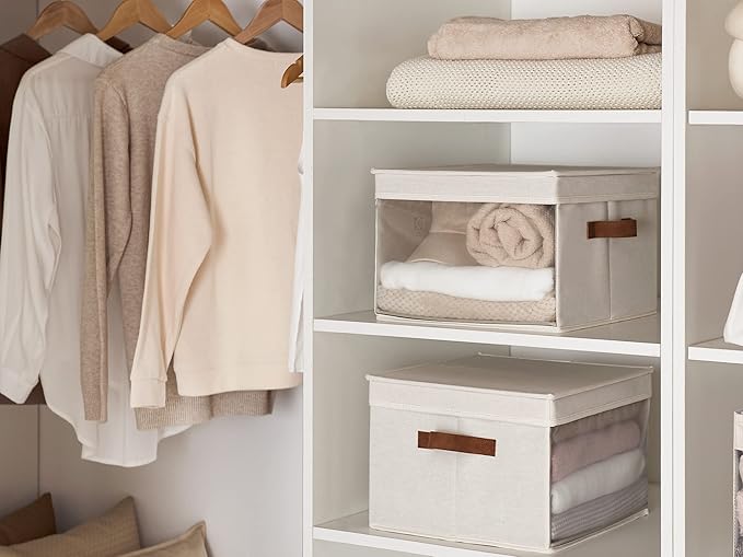 StorageWorks Storage Bins with Lid and Clear Window, Fabric Storage Boxes with Lids, Stackable Basket for Shelves, Closet Organizer and Storage Bins, Beige, Large, 4-Pack