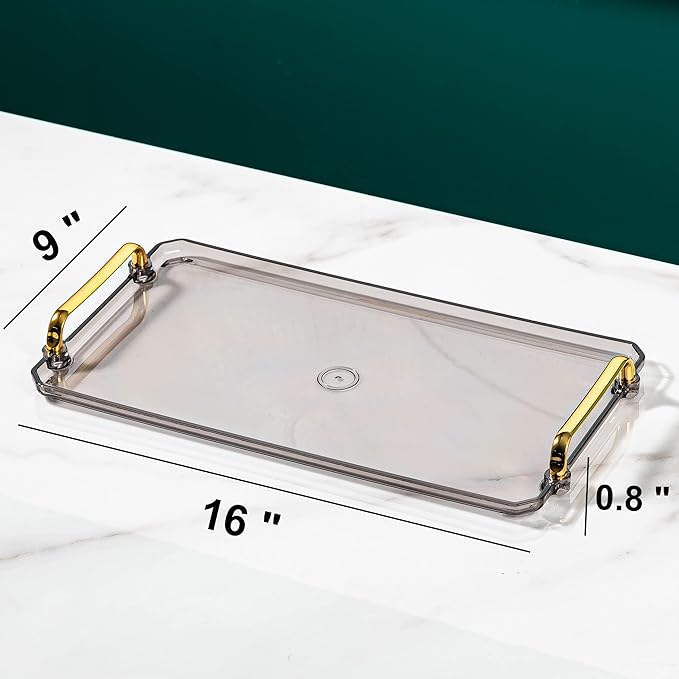 Acrylic Serving Tray with Handles Ottoman Countertop Decorative Spill-Proof Tray for Coffee Table Living Room Bedroom16 x 9 x 0.8 inches (Gray)