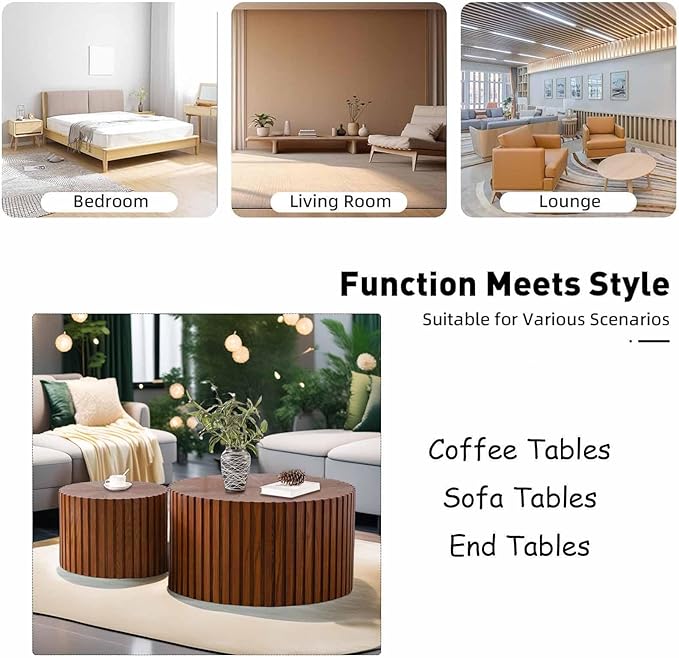 Modern Round Wooden Nesting Coffee Table Set of 2 Circle Tables with Non-Slip Feet, Accent Side End Table, Saving Space Design and No Need Assembly (FLARGE)