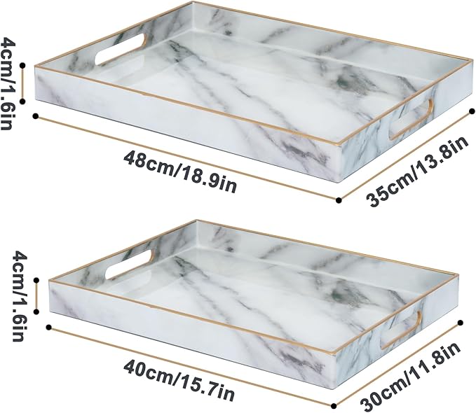 Set of 2 Serving Tray,Plastic Marble Coffee Table Tray 18.9"x13.7"x1.6"/15.7"x11.8"x1.6" Food Trays for Eating on Lap Coffee Tray with Handles Rectangular Decorative Trays,Tea Trays for Serving